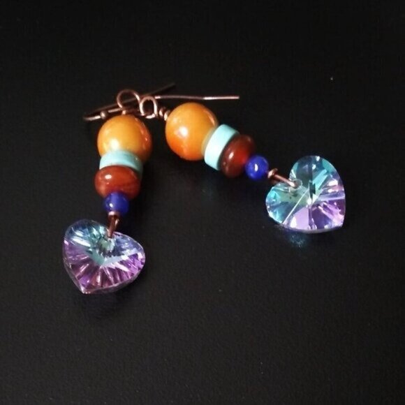 Flashy Crystal Hearts ~ Beaded Stack Earrings! Gift for her! Boho Glam Girlie - Picture 3 of 8